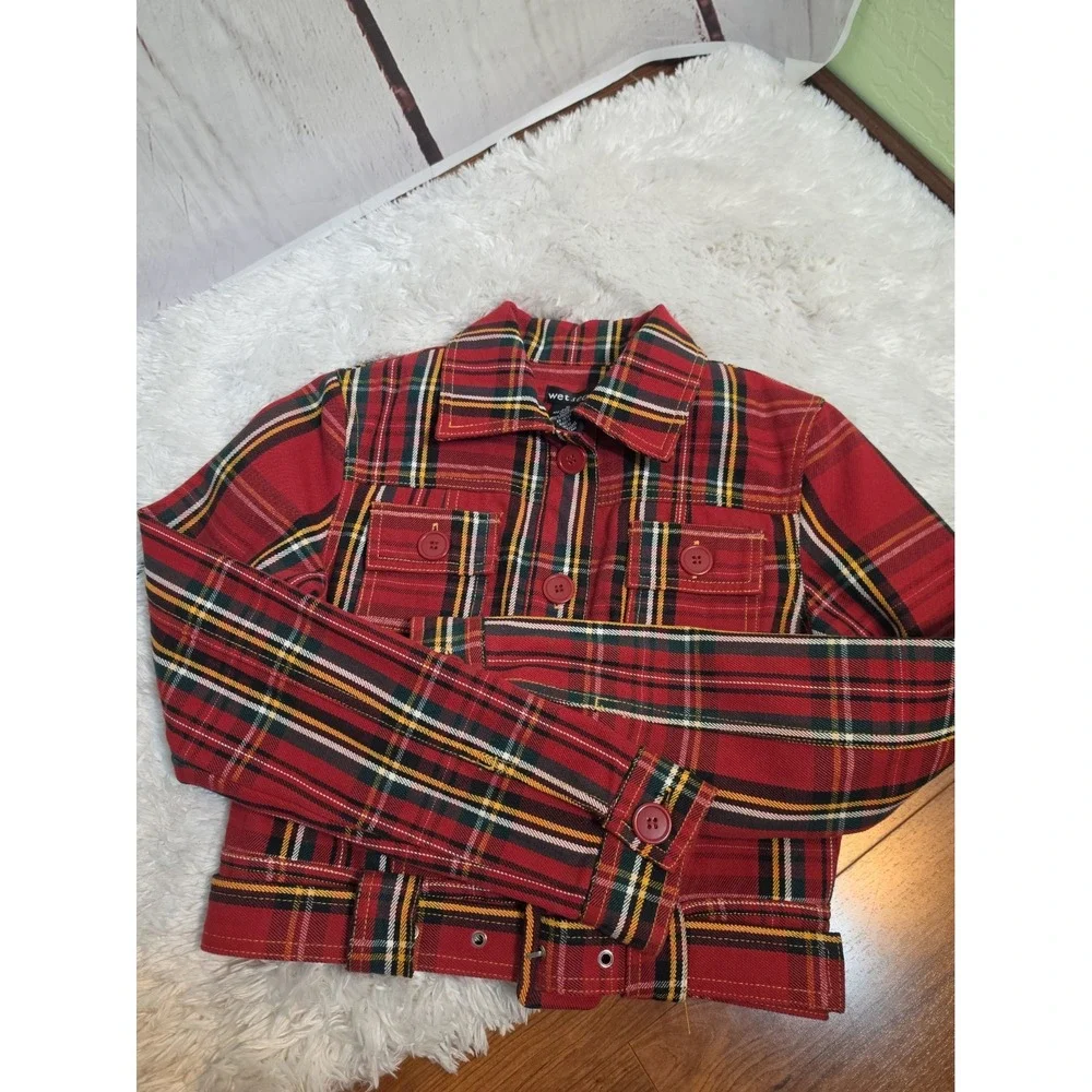 Wet Seal Red Plaid Cropped Belted Jacket  Cotton Tartan Button Up  Sz Junior S